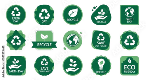 Eco concept badge set for Earth Day, collection of green labels, recycling, save planet icons, minimal vector, white background, premium quality stock design