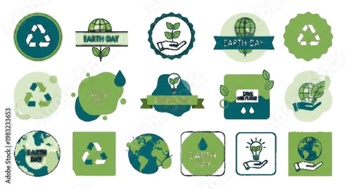 Eco concept badge set for Earth Day, collection of green labels, recycling, save planet icons, minimal vector, white background, premium quality stock design