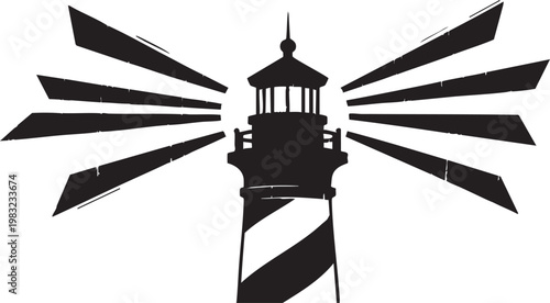 Black silhouette lighthouse with sunburst rays on white background nautical symbol