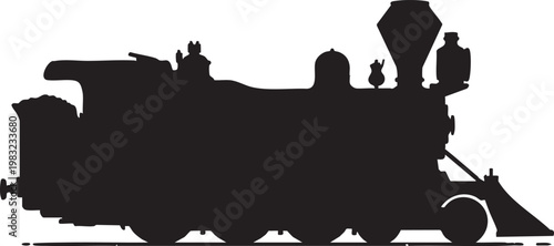 Vintage steam train silhouette moving along railway tracks with smoke