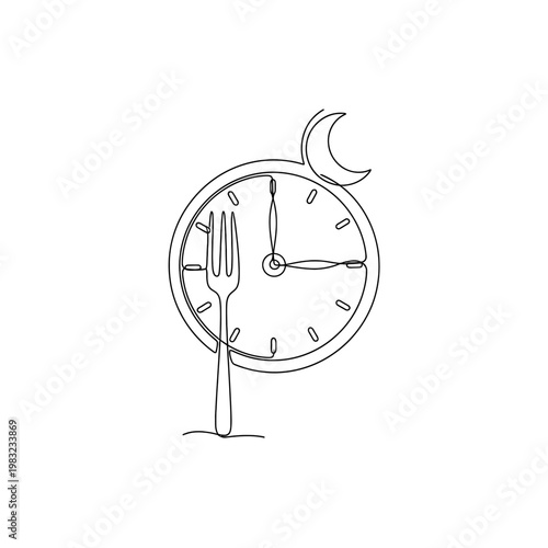 Continuous line drawing of clock with fork and moon for fasting schedule timing.