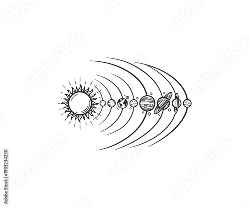 Stylized Illustration of the Solar System with Planets Orbiting the Sun.