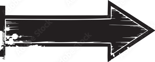 Grunge style black arrow symbol pointing right with distressed weathered texture isolated on white background for modern design projects and navigation graphic elements