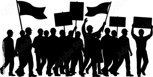 Crowd of industrial workers protesting with flags and blank banners.