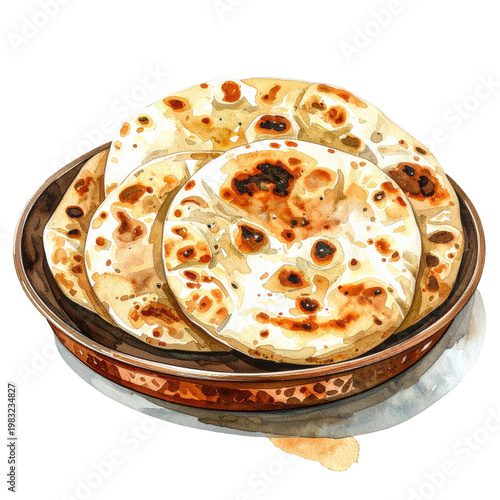Watercolor illustration of freshly baked, golden flatbreads in a copper dish. Delicious, rustic food