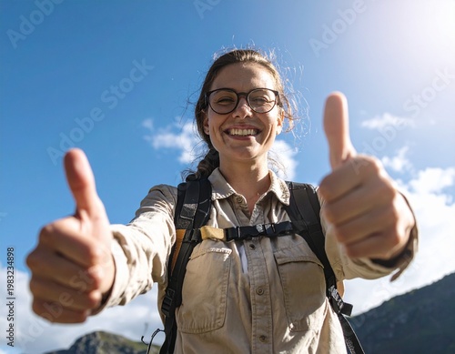 Thrill-Seeker's Affirmation: A radiant woman in outdoor apparel confidently displays a double thumbs-up against a bright blue sky, encapsulating the essence of approval and well-being.