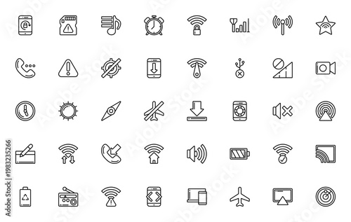 Mobile interface icon set. Vector UI icons pack for apps and design. Includes symbols for wifi, battery, phone call, download, settings, and more. Editable stroke.