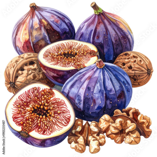 Watercolor illustration of fresh figs with walnuts, artfully arranged against a dark background