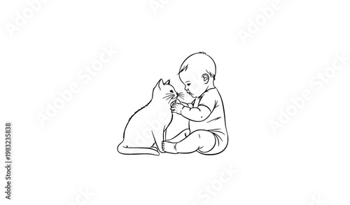 Baby boy and cat line art black and white minimal outline vector illustration gentle child and pet moment