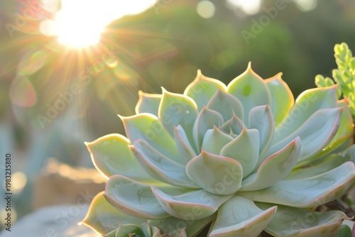 Green succulent plant basking in morning sunlight, displaying vibrant green and pink hues