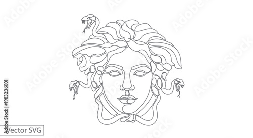 Medusa Head Line Art - Greek Mythology Serpent Woman Vector Illustration