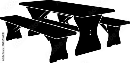 Outdoor wooden picnic table with attached benches black silhouette.