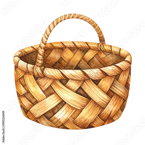 Illustration of a woven, brown, empty basket with a handle, depicted on a black background