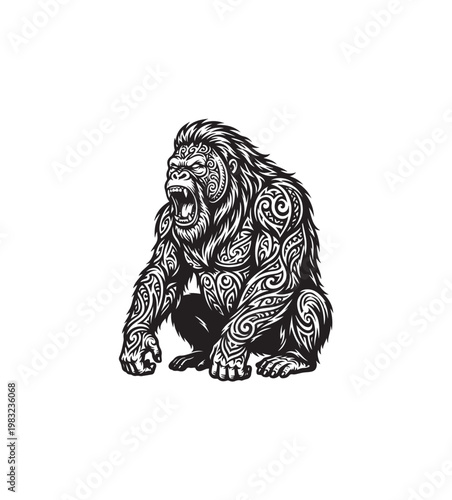 Tribal Tattoo Gorilla King Roaring Fiercely.