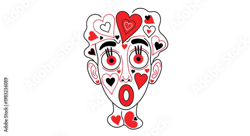 Surprised Face Covered in Hearts, Valentine's Day Illustration