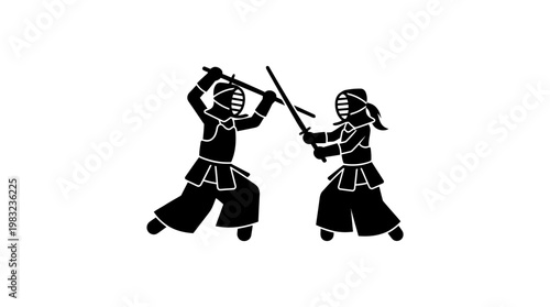 Kendo Practitioners Sparring Silhouetted Against White