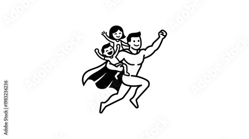 Superhero Father Flying With Children