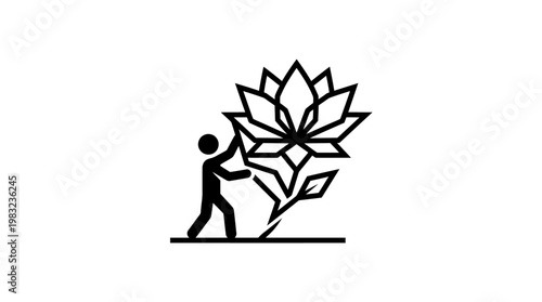 Person Tending to a Large Geometric Flower