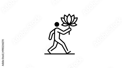 Minimalist Figure Walking with a Lotus Flower