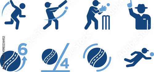 Cricket icons set players equipment and action illustrations