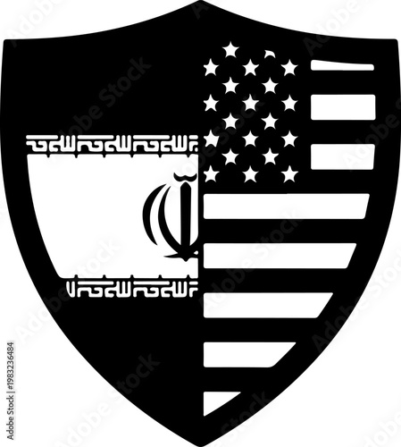 American and iranian flags combined on protective shield silhouette.