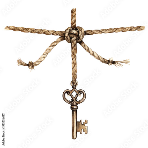 Illustration of a key suspended from a knotted rope arrangement on a transparent black background