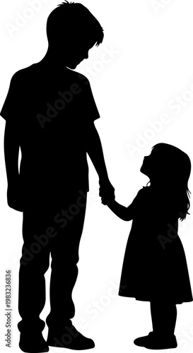 Silhouette siblings holding hands brother and sister looking up.