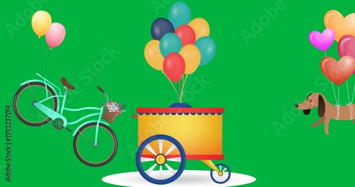 Digital animation of bicycle, cart and dog tied to balloons floating against black background