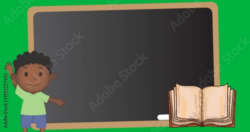 Digital animation of school boy and notebook icons against wooden slate on black background