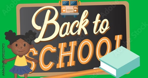 School girl and green notebook icons against back to school text on wooden slate