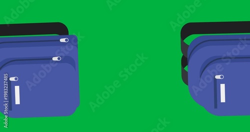 Digital animation of multiple blue school bag icons floating against black background