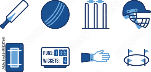 Cricket equipment icons bat ball wickets helmet pads and more