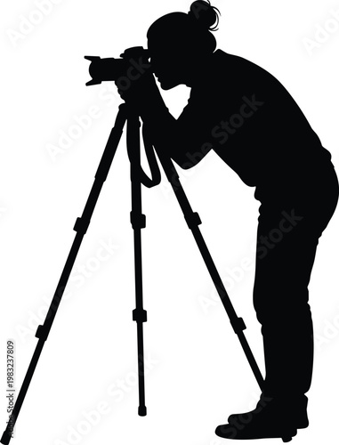 Professional Female Photographer Silhouette Working with DSLR Camera on Tripod for Studio Photography and Creative Media Production Isolated on White Background