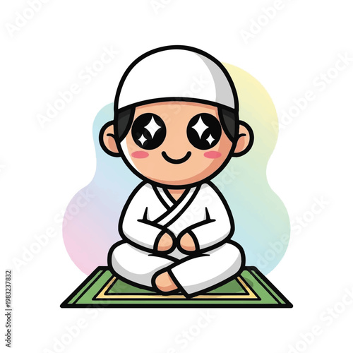 Young Muslim Boy in Prayer Attire.