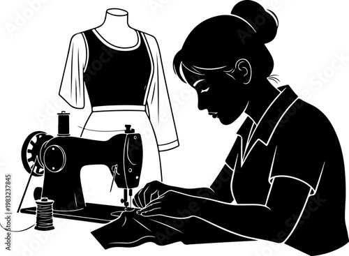Woman sewing garment with vintage machine and mannequin illustration.