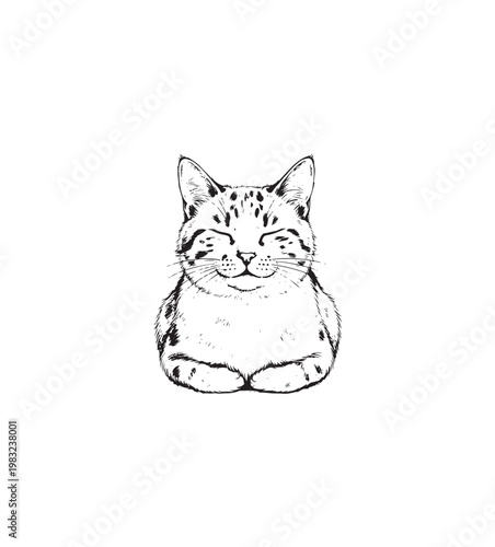 Cute Cat Illustration with Closed Eyes and Smiling Face.