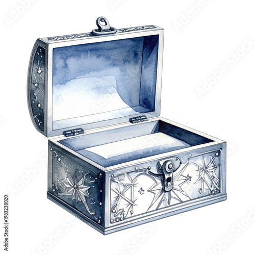 Watercolor illustration of a silver, open treasure chest, adorned with celestial patterns