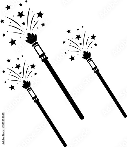 Three magical sparkler wands casting glowing stars and light streaks.