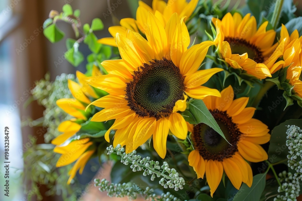 Obraz premium Sunflowers blooming in a beautiful bouquet with green foliage