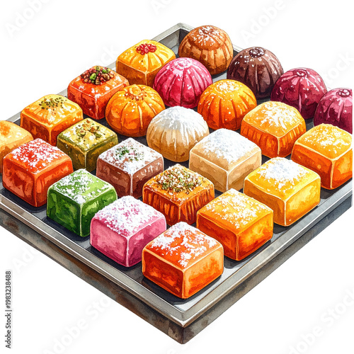 Assortment of colorful, detailed, bite-sized sweets, arranged neatly on a metal tray