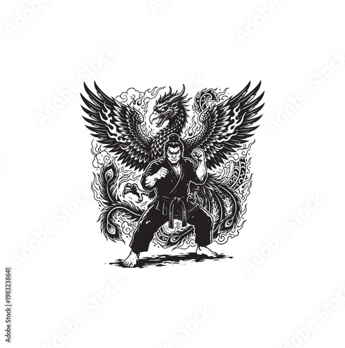 Martial Arts Fighter with Phoenix Emblem Illustration.