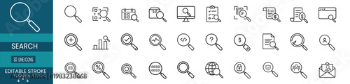 Search and data analysis web line icons set featuring target research magnifying glass money currency find email coding security shield and more Vector Illustration with editable stroke