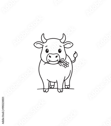 Cute cartoon bull with flower in mouth black and white line art.