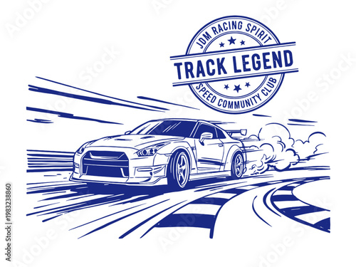 JDM racing spirit design. Track legend car artwork. Sport car print for t shirt. Speed community club graphic. Extreme racing poster design.