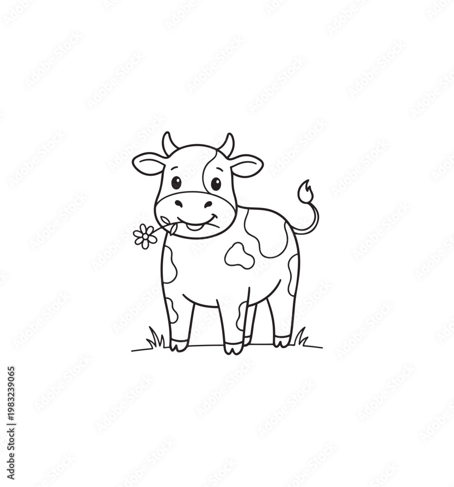 Obraz premium Cute cartoon cow with a flower in its mouth black and white outline.
