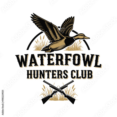 Waterfowl hunters club logo with duck and guns tshirt design