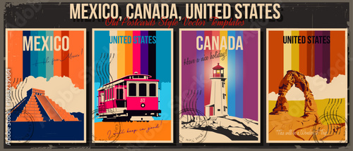 Mexico Step Pyramid, USA San Francisco Tram, Canada Cape Mudge Lighthouse, United States Delicate Arch, Arches National Park Main Tourist Attractions Postcards, Vector Templates Retro Style Cards
