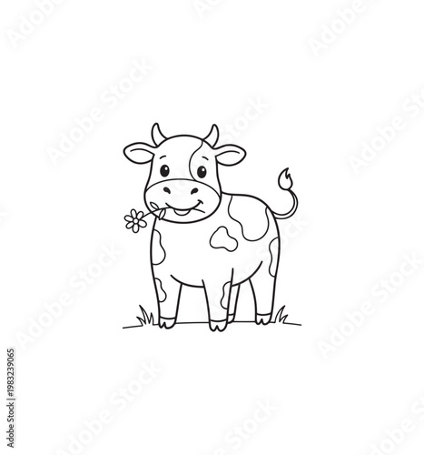 Cute cartoon cow with a flower in its mouth black and white outline.