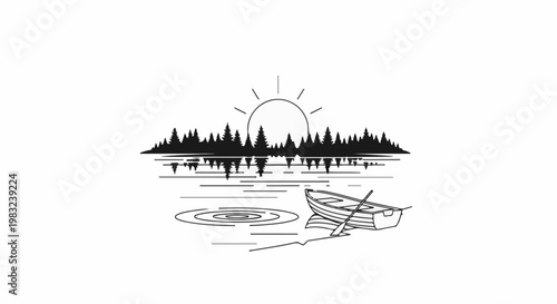 Boat at sunrise on tranquil lake with pine forest reflection