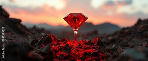 A blood-red diamond, emerging from war-torn soil,  uncut, blood diamond